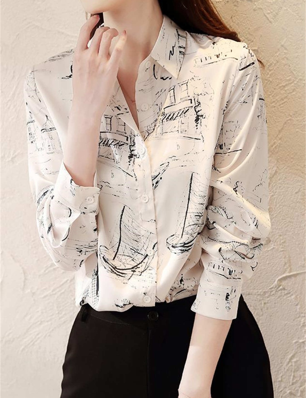 Long sleeve printing satin fashion shirt for women