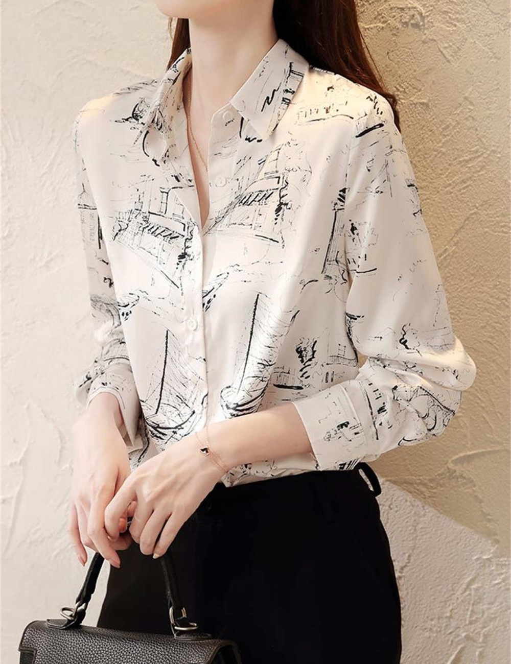 Long sleeve printing satin fashion shirt for women