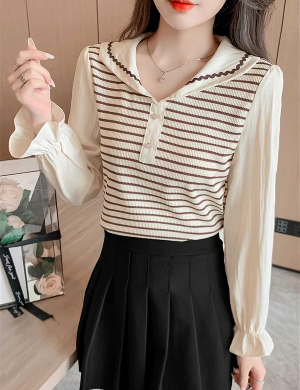 Spring and autumn tops doll collar T-shirt for women