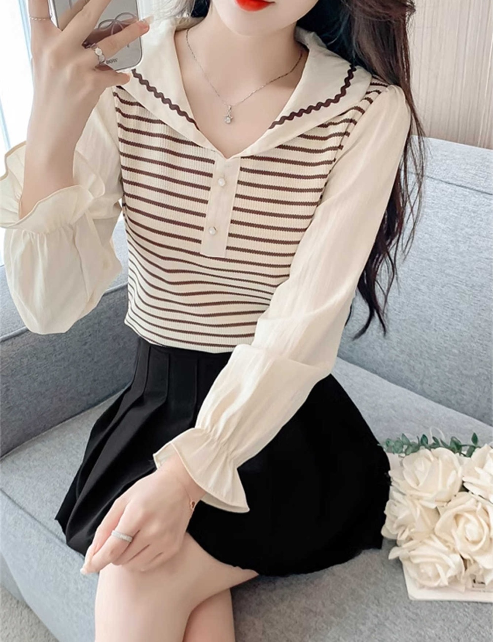 Spring and autumn tops doll collar T-shirt for women