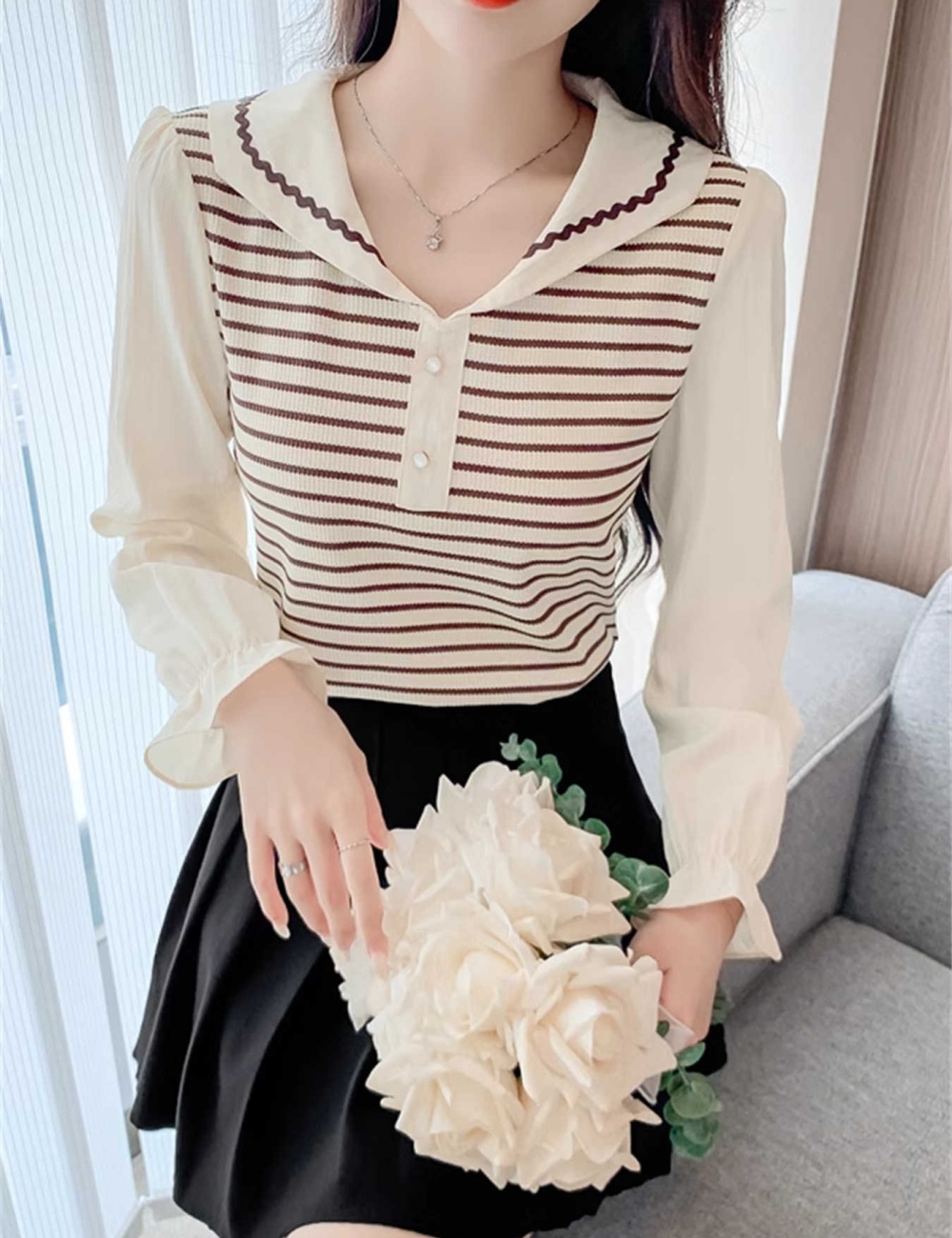 Spring and autumn tops doll collar T-shirt for women