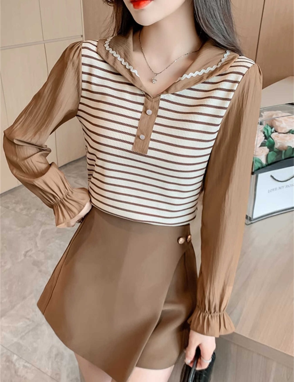 Spring and autumn tops doll collar T-shirt for women