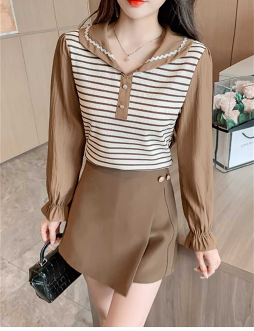 Spring and autumn tops doll collar T-shirt for women