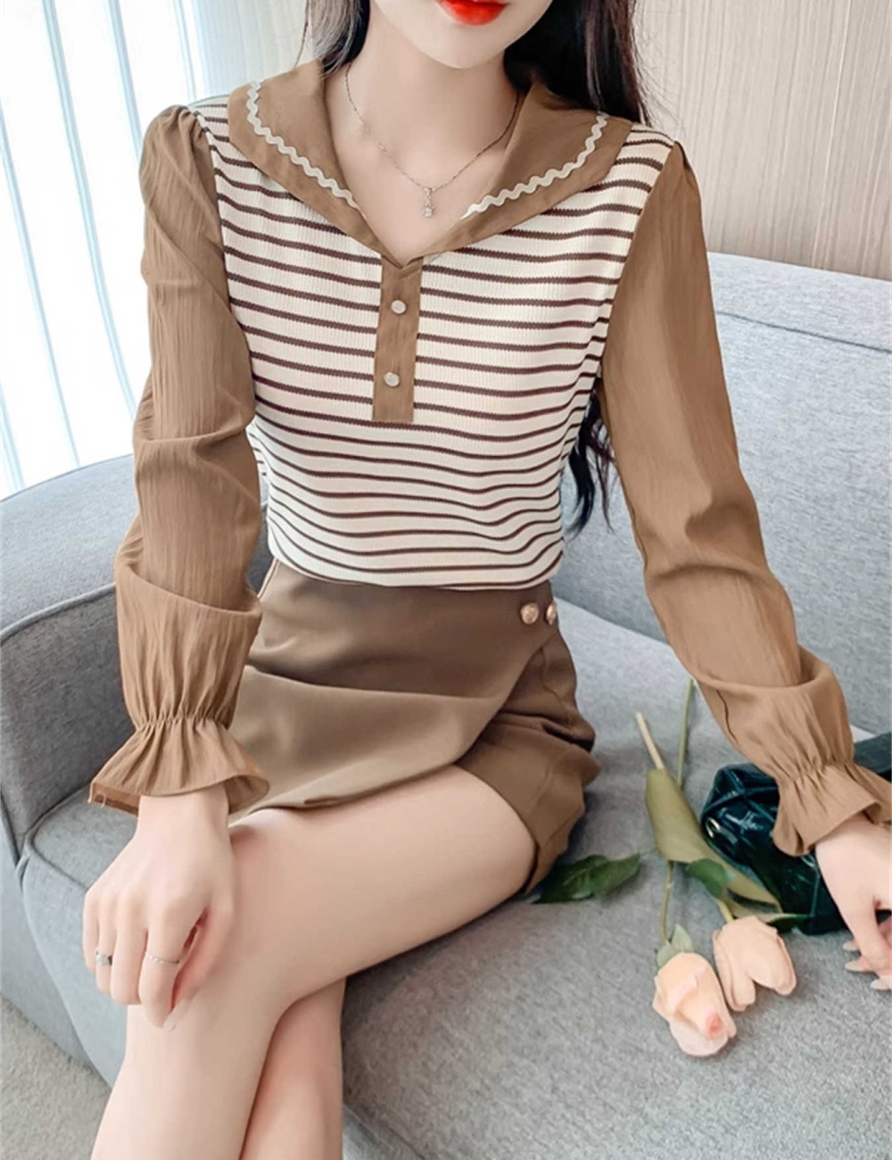 Spring and autumn tops doll collar T-shirt for women