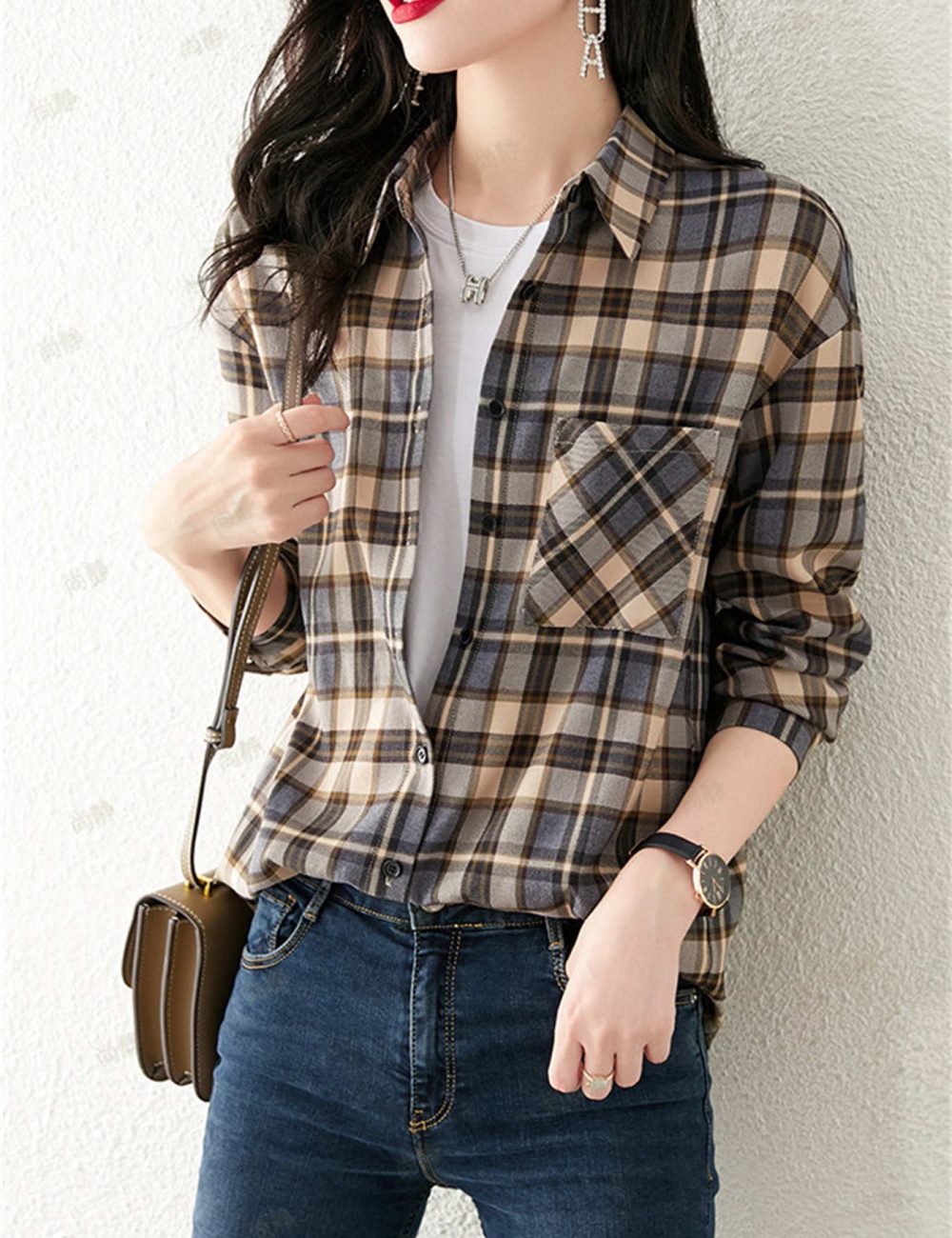 Plaid fashion small shirt Western style tops for women