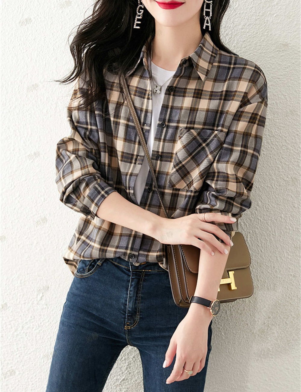 Plaid fashion small shirt Western style tops for women