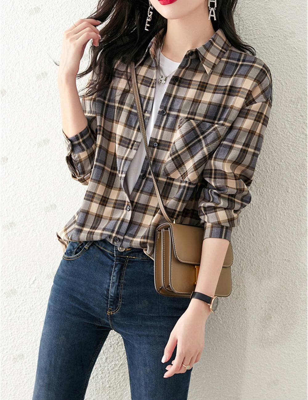 Plaid fashion small shirt Western style tops for women