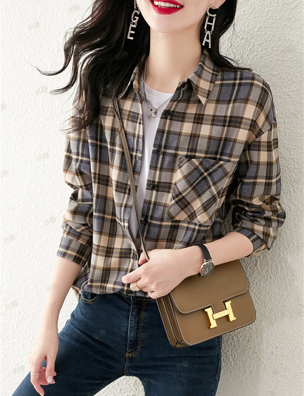 Plaid fashion small shirt Western style tops for women