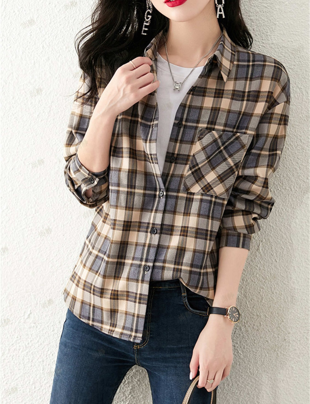 Plaid fashion small shirt Western style tops for women