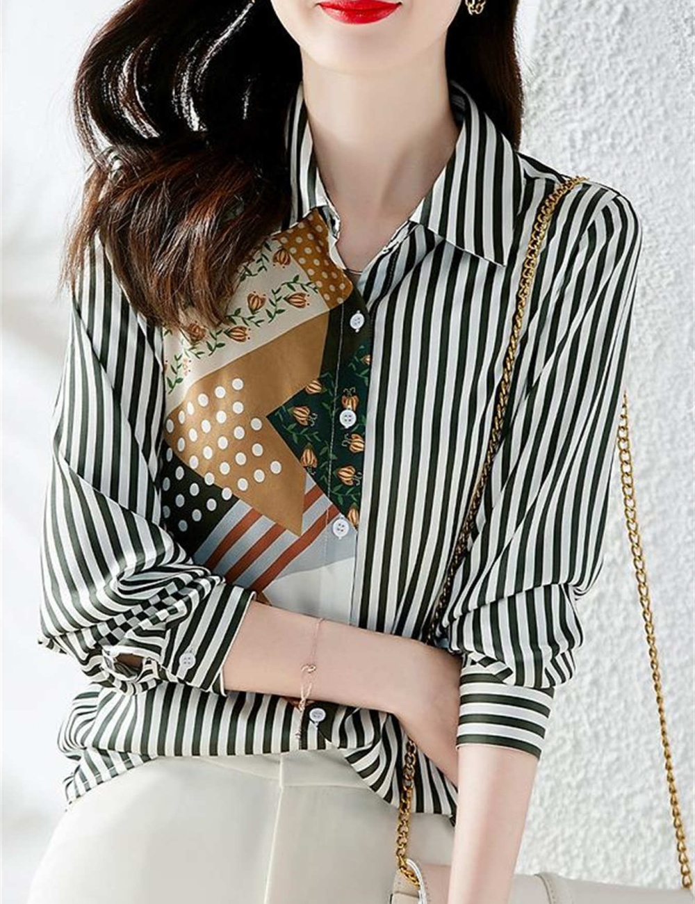 Lapel asymmetry mixed colors stripe shirt for women