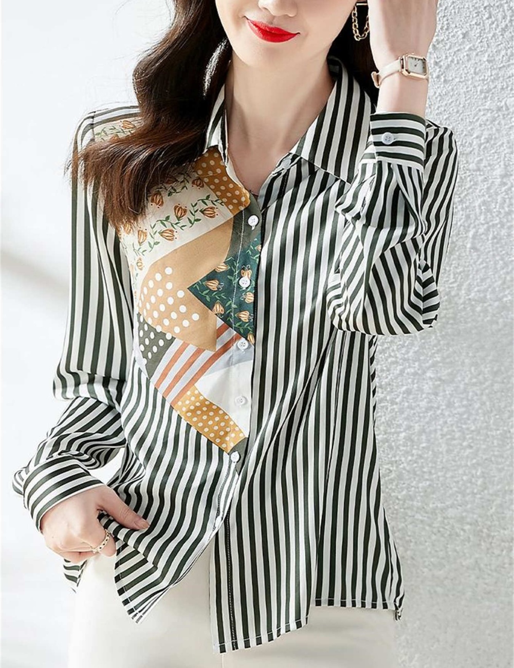 Lapel asymmetry mixed colors stripe shirt for women