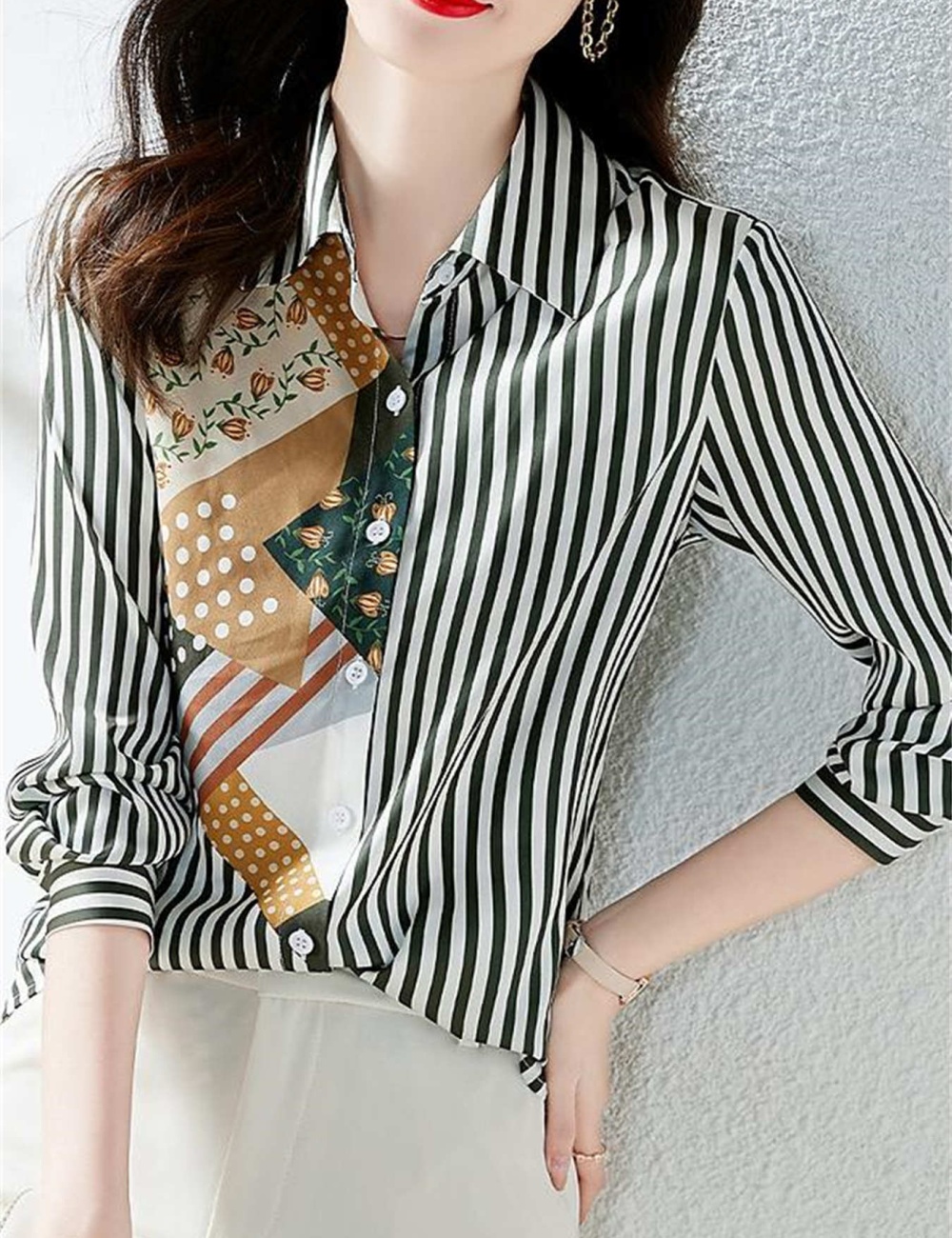 Lapel asymmetry mixed colors stripe shirt for women