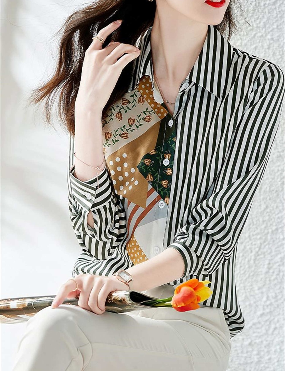 Lapel asymmetry mixed colors stripe shirt for women