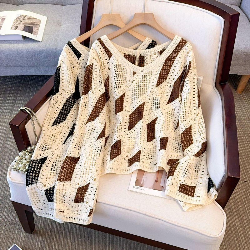 Diamond round neck tops loose long sleeve sweater