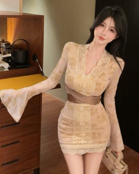 Package hip slim trumpet sleeves lace dress for women