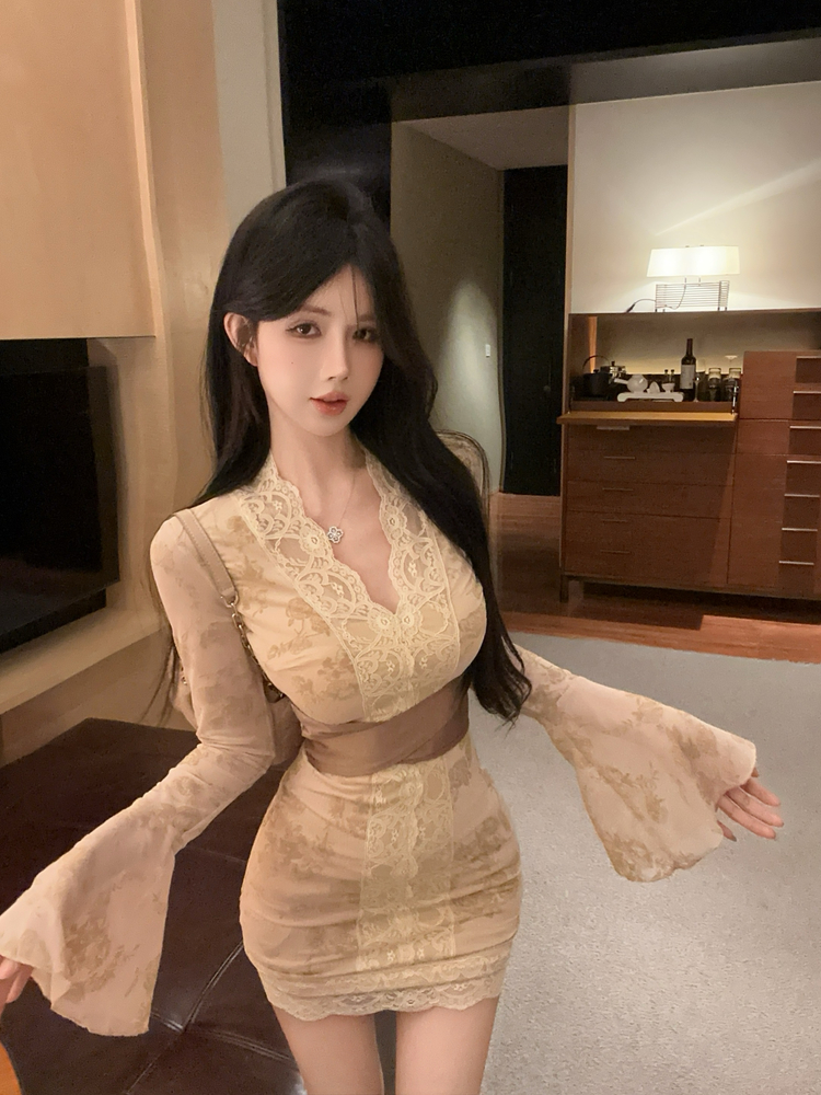 Package hip slim trumpet sleeves lace dress for women