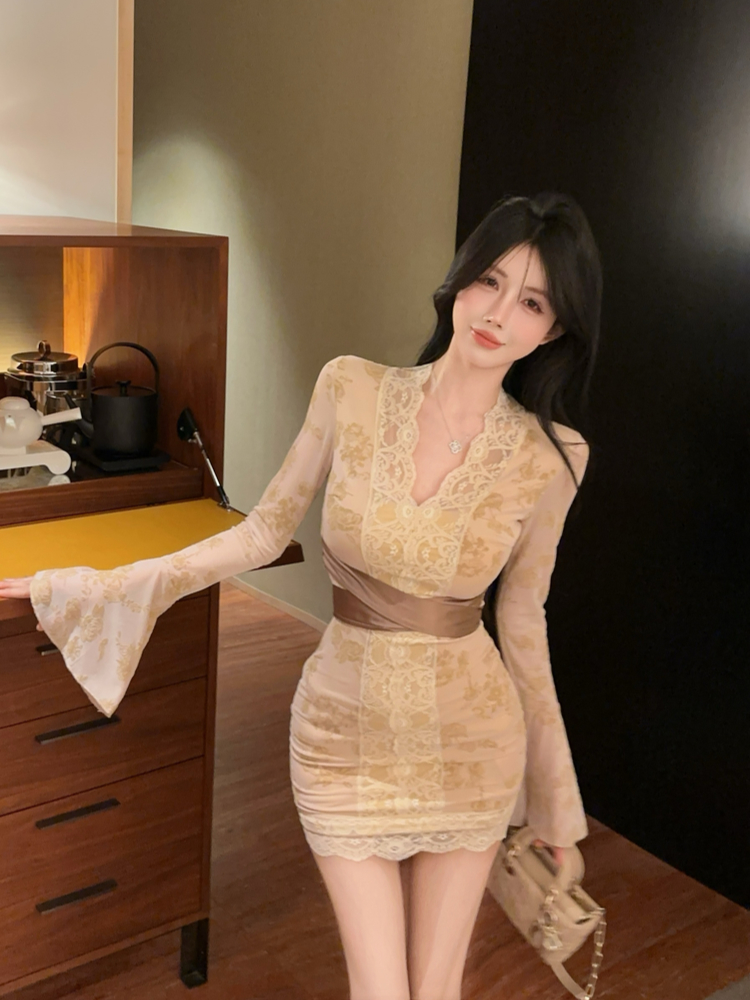 Package hip slim trumpet sleeves lace dress for women