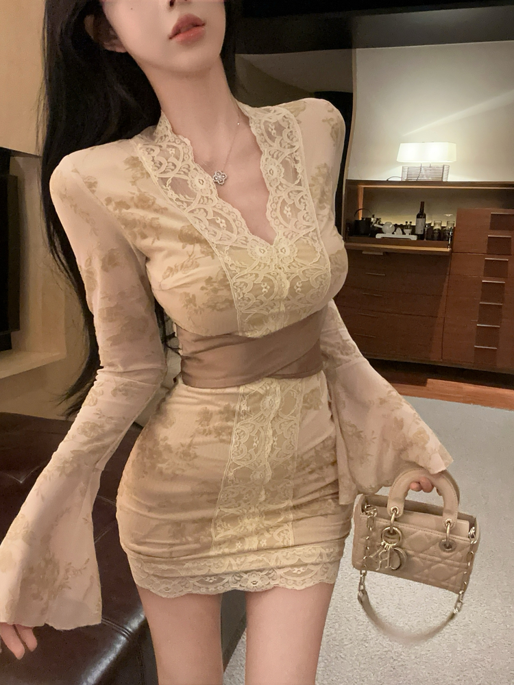 Package hip slim trumpet sleeves lace dress for women