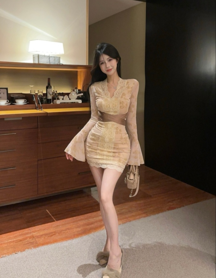 Package hip slim trumpet sleeves lace dress for women