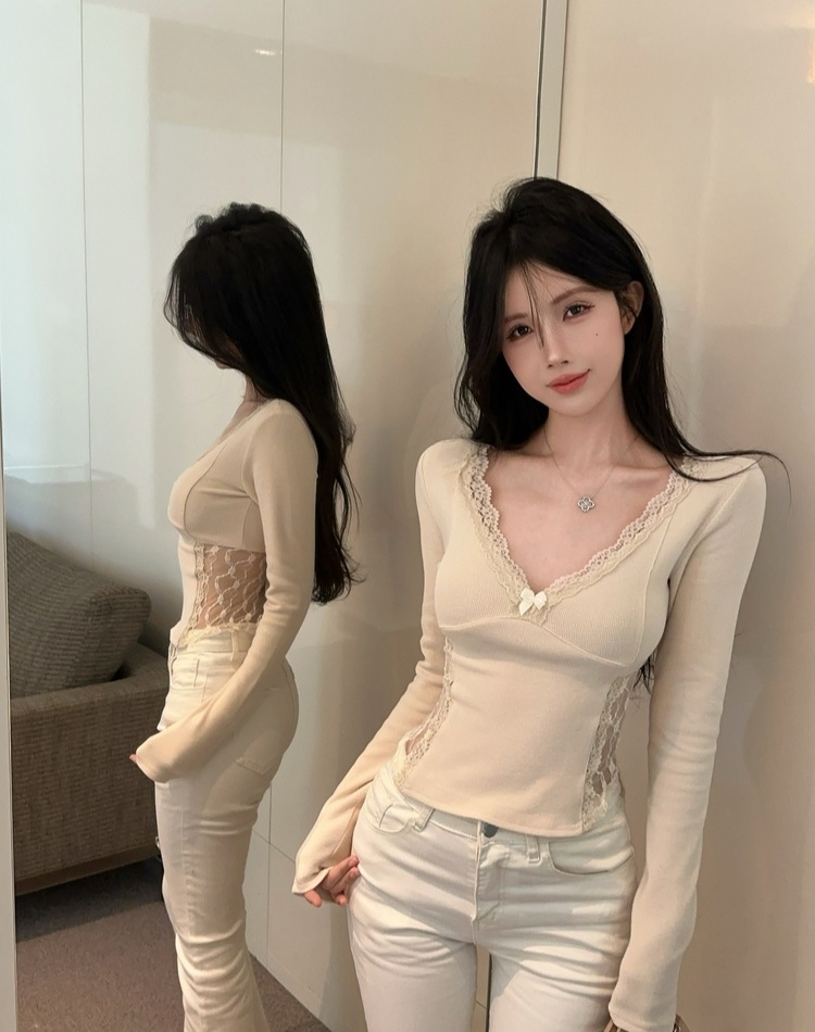 V-neck long sleeve tops lace T-shirt for women