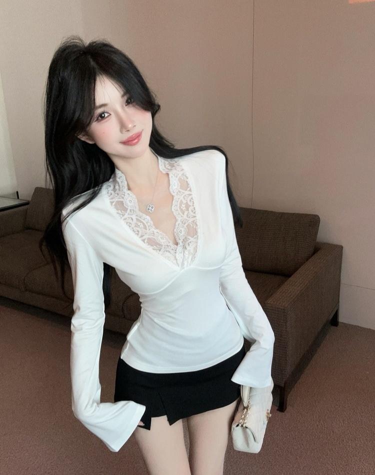 V-neck tight T-shirt lace bottoming shirt for women