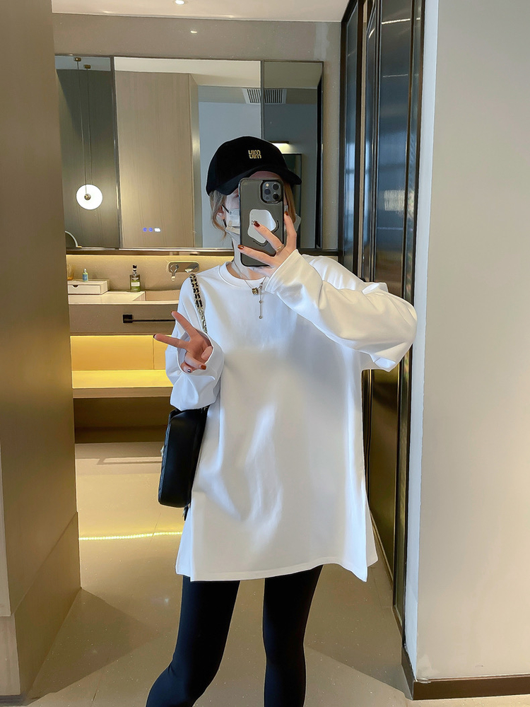 White round neck tops split long T-shirt for women