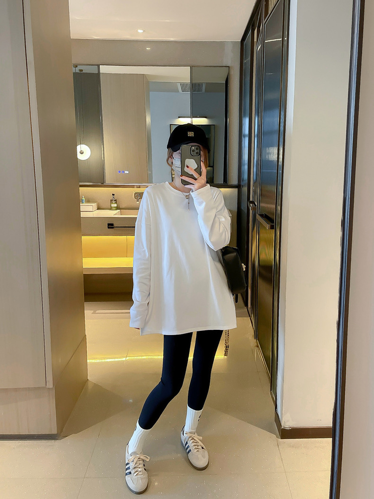 White round neck tops split long T-shirt for women