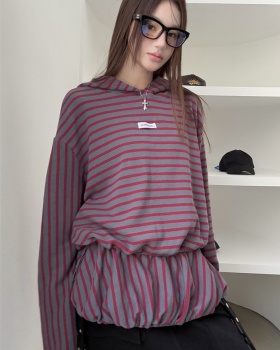 Hooded stripe tops loose mixed colors hoodie