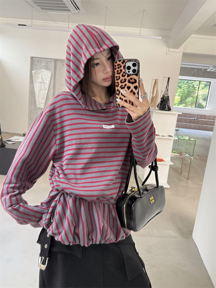 Hooded stripe tops loose mixed colors hoodie