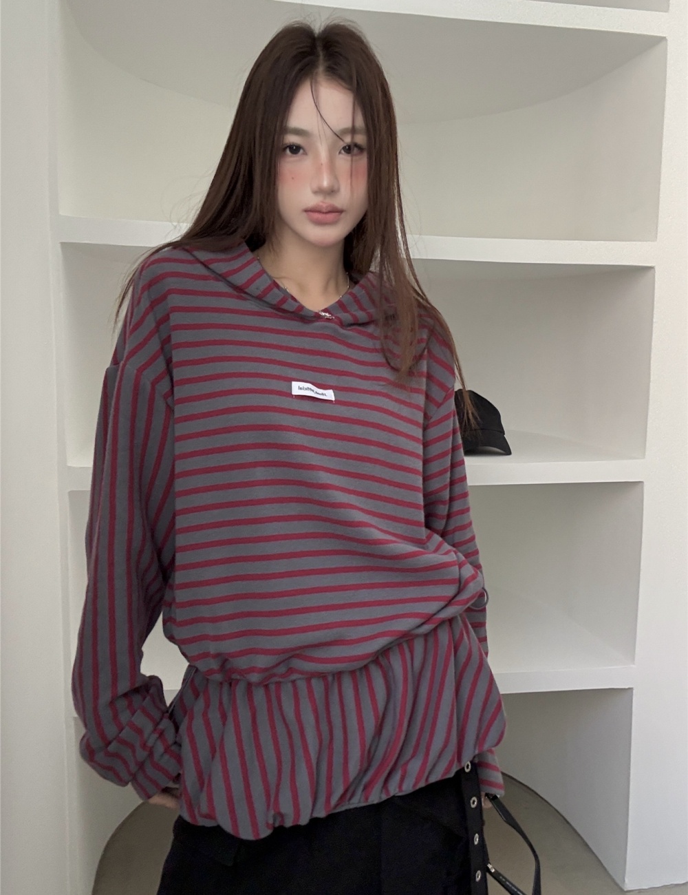 Hooded stripe tops loose mixed colors hoodie