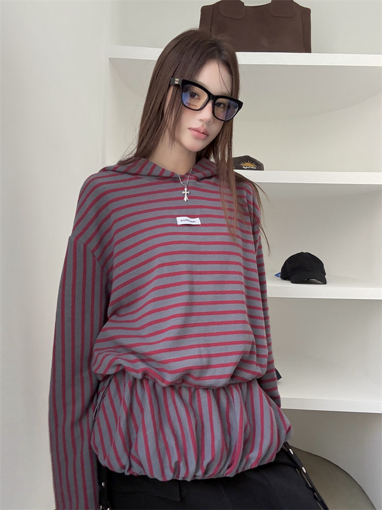 Hooded stripe tops loose mixed colors hoodie