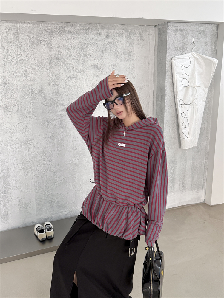 Hooded stripe tops loose mixed colors hoodie