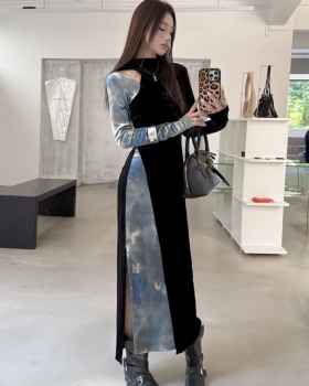 Mixed colors long autumn and winter velvet dress