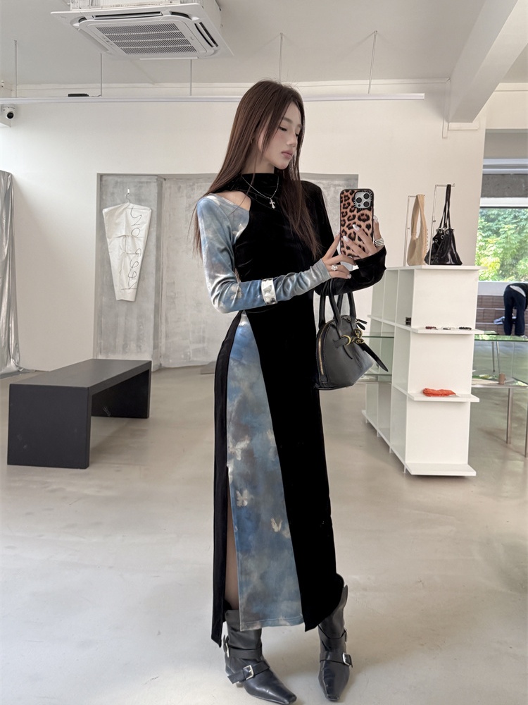 Mixed colors long autumn and winter velvet dress