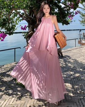 Seaside vacation dress sling pleated long skirt 2pcs set