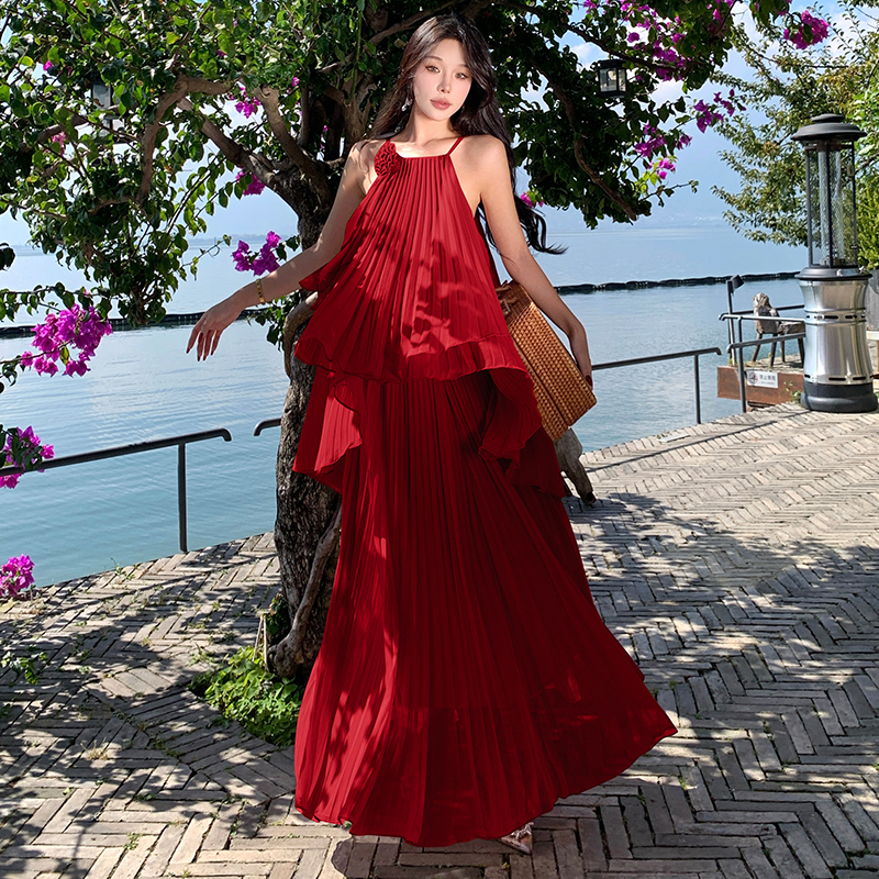 Seaside vacation dress sling pleated long skirt 2pcs set