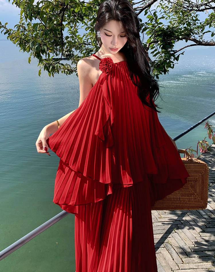 Seaside vacation dress sling pleated long skirt 2pcs set