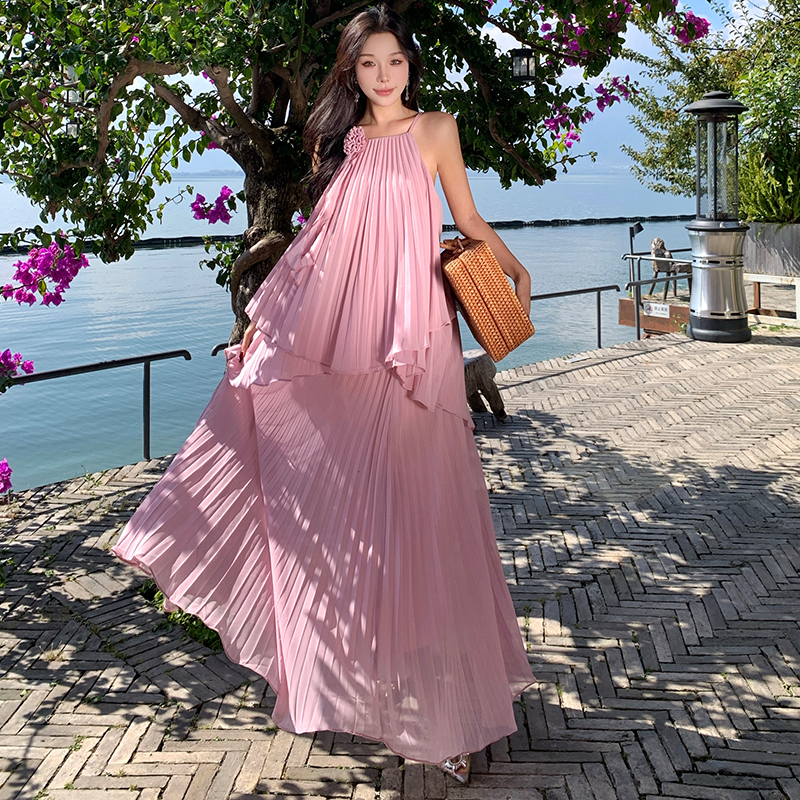 Seaside vacation dress sling pleated long skirt 2pcs set