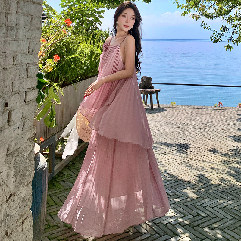 Seaside vacation dress sling pleated long skirt 2pcs set