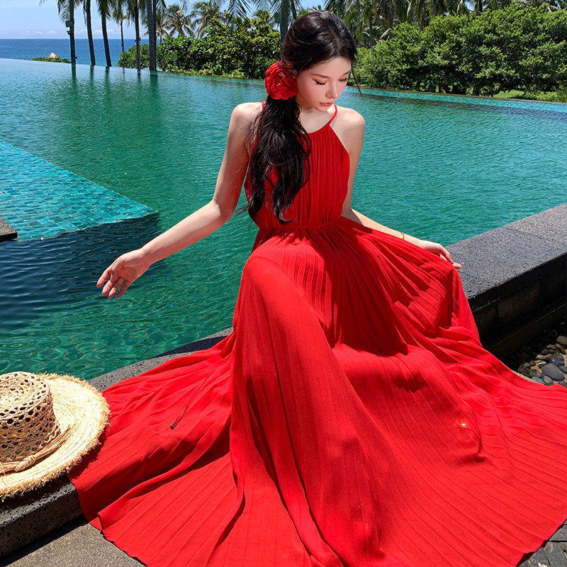 Elegant seaside vacation dress sling red beach dress