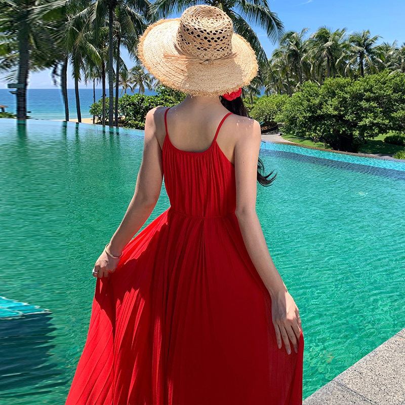 Elegant seaside vacation dress sling red beach dress