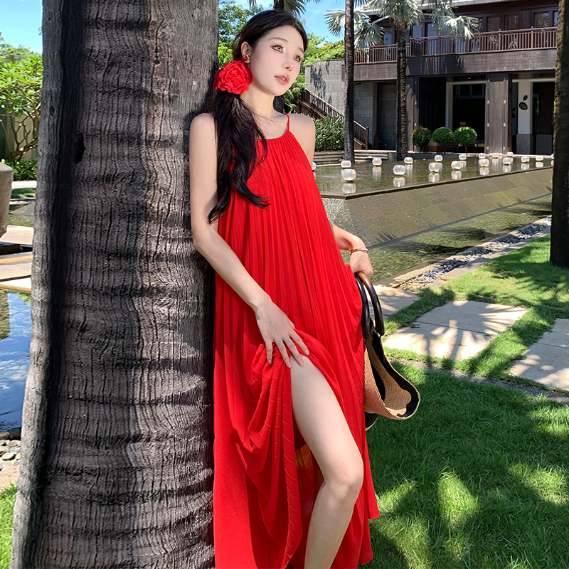 Elegant seaside vacation dress sling red beach dress