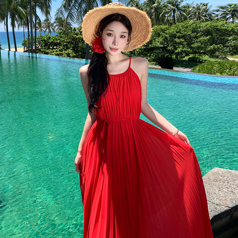 Elegant seaside vacation dress sling red beach dress