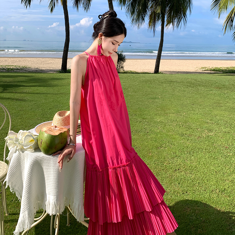 Sling hollow vacation enticement rose-red dress