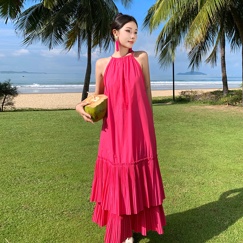 Sling hollow vacation enticement rose-red dress