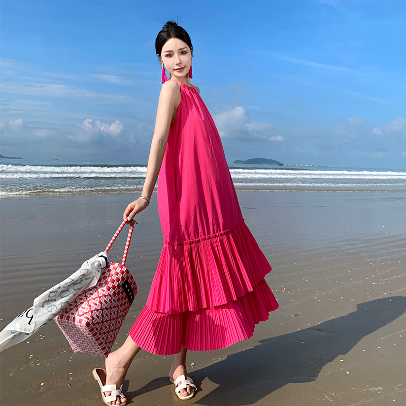 Sling hollow vacation enticement rose-red dress