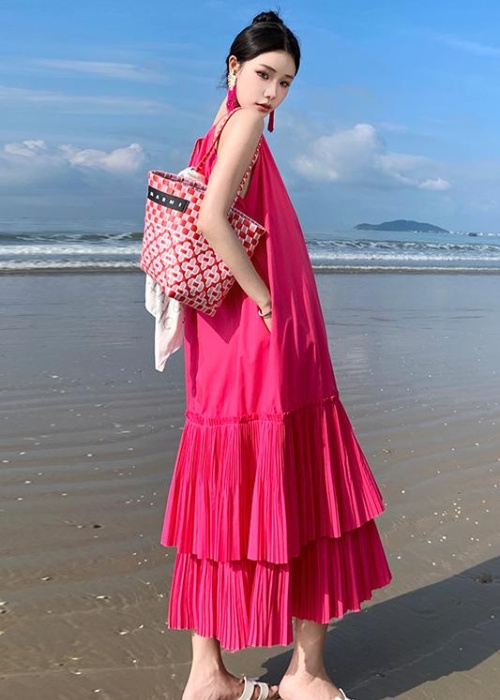 Sling hollow vacation enticement rose-red dress