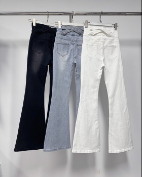 High waist cross long pants hollow denim flare pants