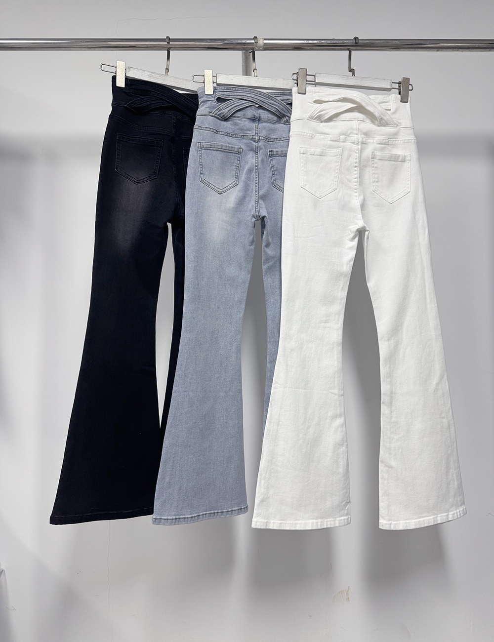 High waist cross long pants hollow denim flare pants