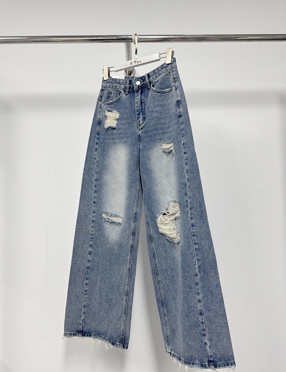 Wide leg burr washed jeans mopping straight pants